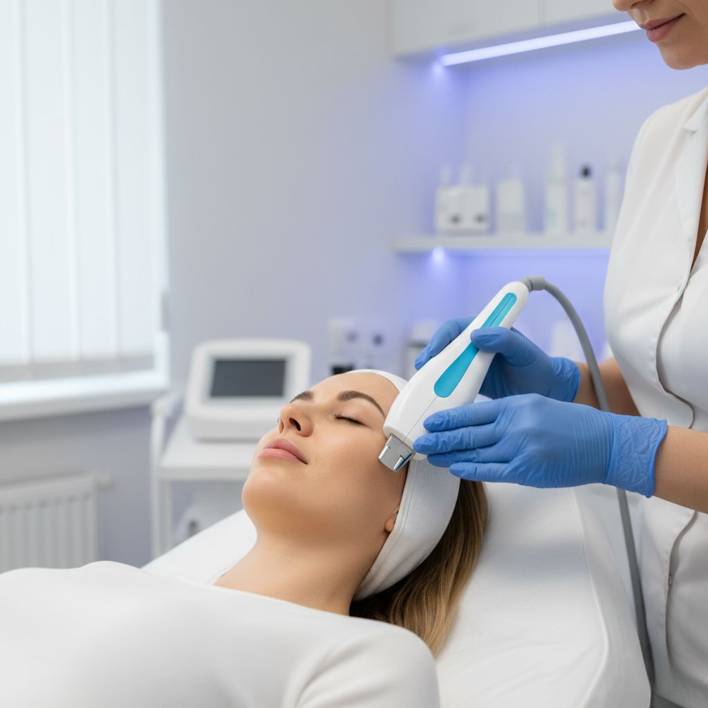 Esteticista profesional aplicando tratamiento con aparato de mesoterapia virtual en rostro de cliente, electroporación facial sin agujas