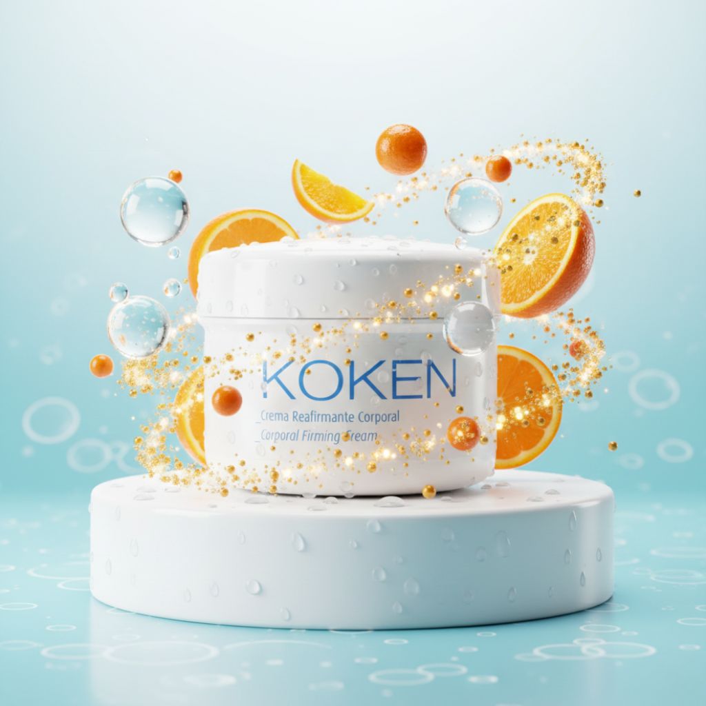 Crema Reafirmante Corporal Koken sobre pedestal blanco con rodajas de naranja, burbujas flotantes y partículas doradas representando vitamina C, proteínas de seda, soja y arroz en fondo azul claro