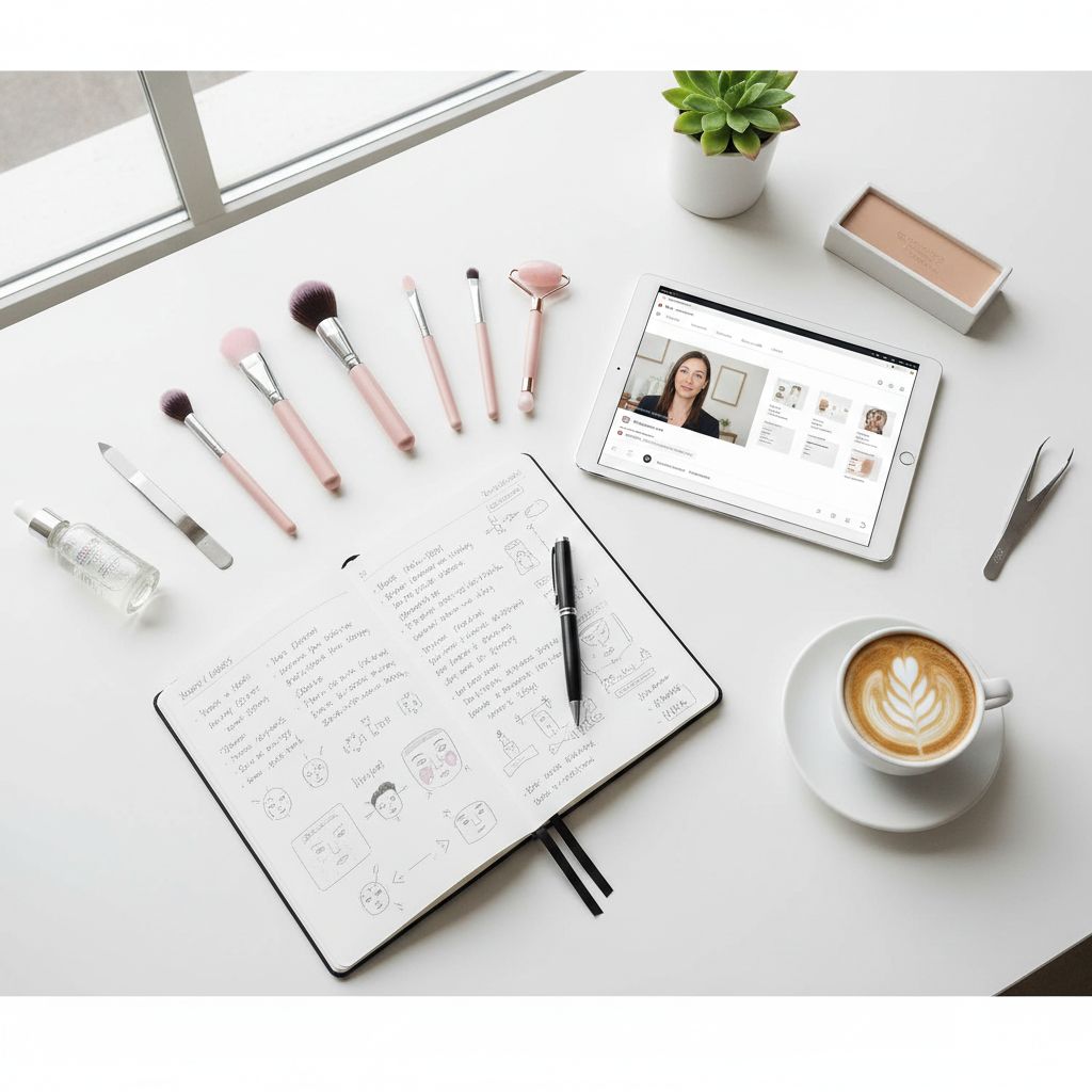 Espacio de trabajo de esteticista profesional con tablet mostrando curso online, libreta con apuntes, brochas de maquillaje rosa, café y productos de belleza sobre escritorio blanco - Formación continua en estética