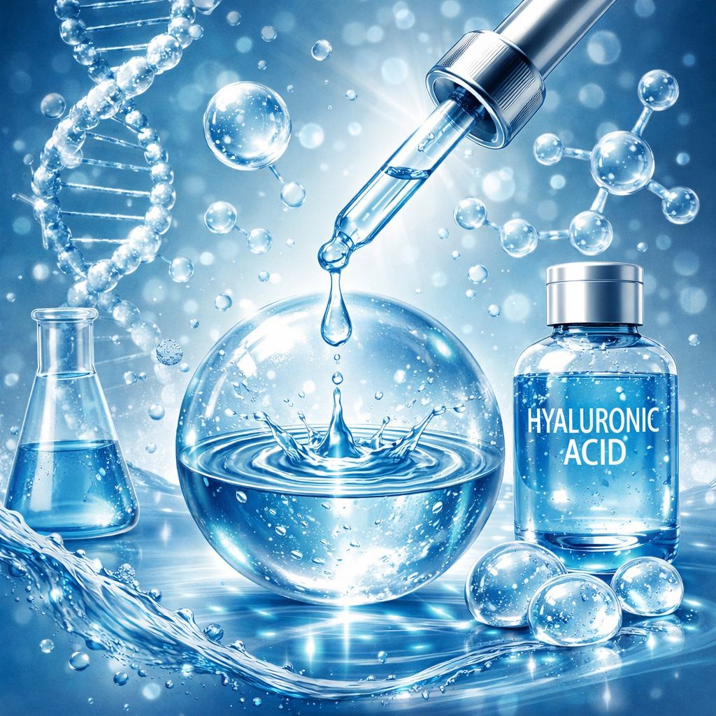 Gotero aplicando sérum de ácido hialurónico con frasco y elementos de laboratorio en fondo azul.