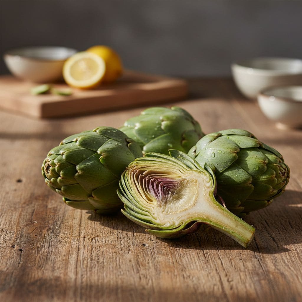 Alcachofas verdes frescas sobre tabla madera rústica con gotas agua mostrando frescura, una cortada por mitad revelando corazón amarillo pálido y capas púrpura internas, limón al fondo, representando superalimento mediterráneo para salud hígado, digestión y reducción colesterol