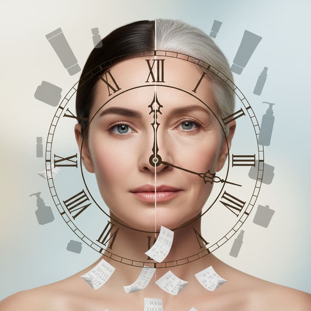 Imagen conceptual rostro mujer dividido mitad mostrando paso tiempo, lado izquierdo piel joven cabello oscuro, lado derecho piel madura cabello plateado, reloj superpuesto simbolizando envejecimiento, productos cuidado piel siluetas fondo, representa importancia cuidado facial preventivo cada edad