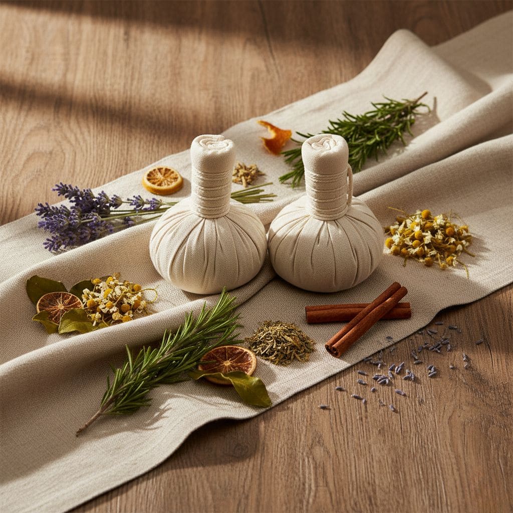 Pindas herbales para masaje ayurvédico con plantas aromáticas como lavanda, romero, manzanilla y canela sobre fondo de madera natural