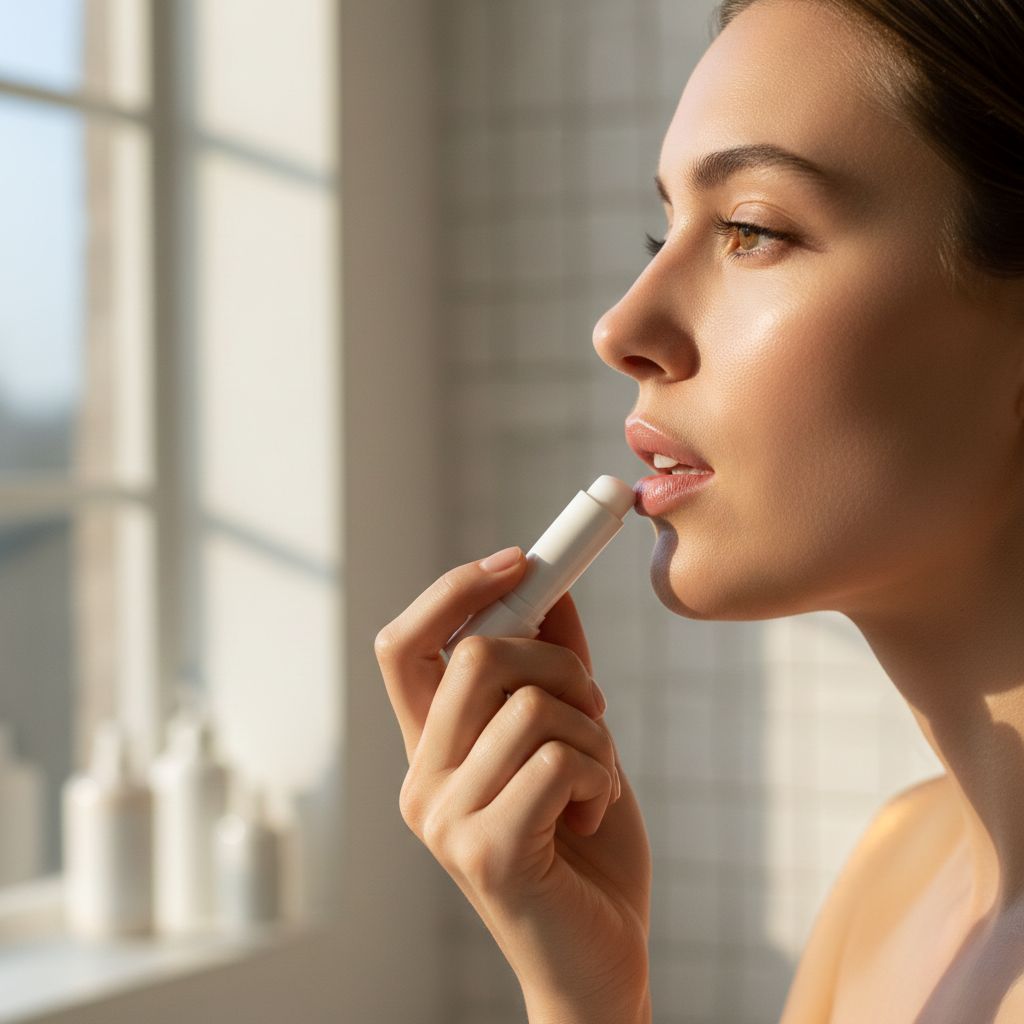 Mujer joven aplicando bálsamo labial hidratante stick blanco a labios naturales rosados, perfil lateral con luz natural ventana, piel luminosa saludable, gesto cuidado personal rutina diaria, ambiente sereno autocuidado, fotografía lifestyle belleza profesional representa cuidado estético labios