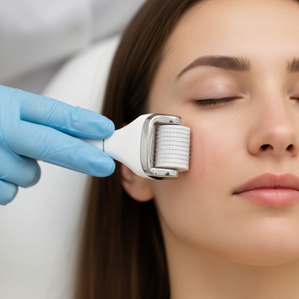 Tratamiento dermaroller profesional en acción, esteticista con guantes azules estériles aplicando dispositivo dermaroller blanco sobre mejilla mujer, rostro sereno ojos cerrados, rodillo microagujas visible contacto piel, piel natural sin maquillaje, ambiente clínico profesional, terapia inducción colágeno percutánea, fotografía medicina estética profesional
