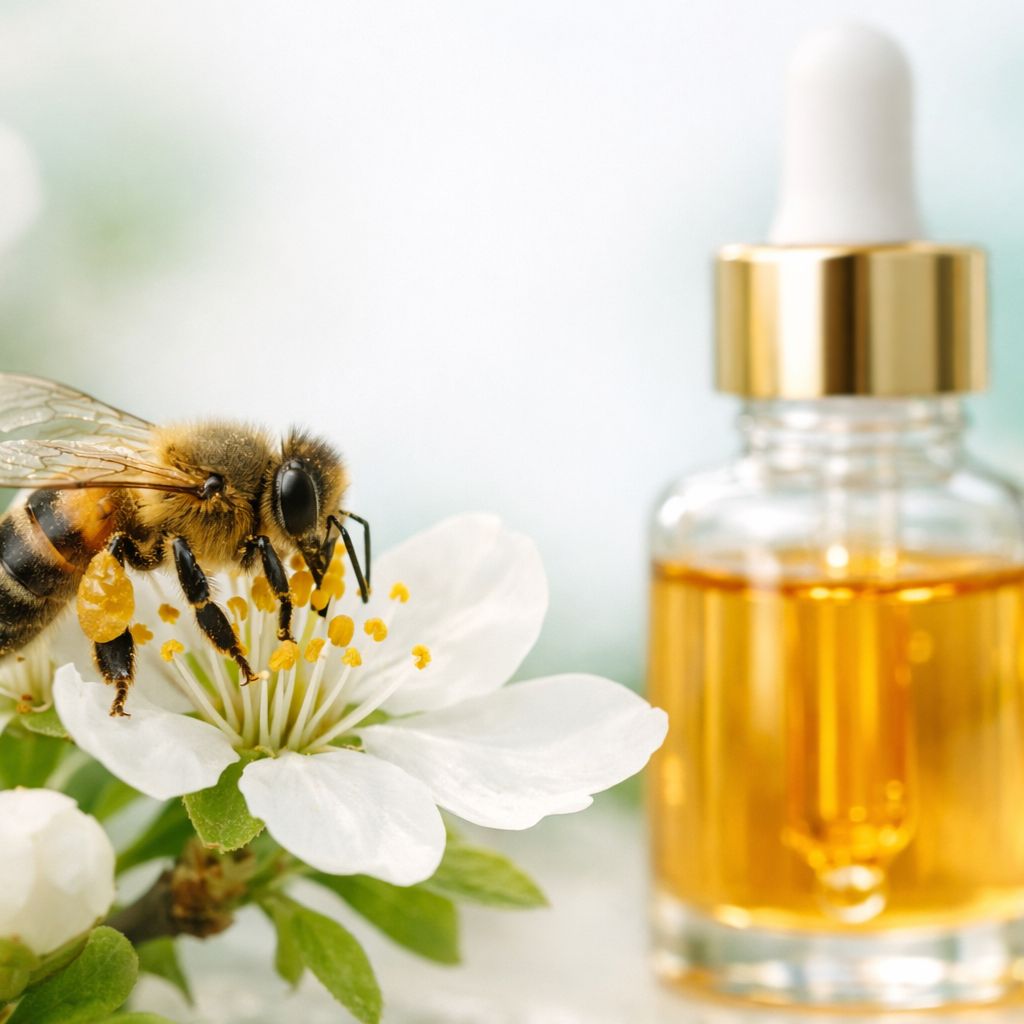 Abeja melífera recolectando polen en flores blancas junto a frasco gotero de sérum dorado con veneno de abeja apitoxina para cosmética natural antiedad