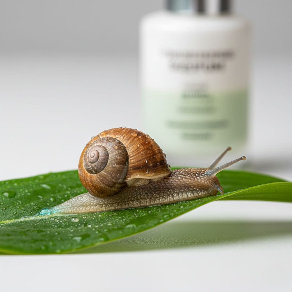 Caracol Helix Aspersa sobre hoja verde fresca con rastro perlado iridiscente de mucina de caracol y producto cosmético con baba de caracol en fondo, cosmética natural regeneradora K-beauty