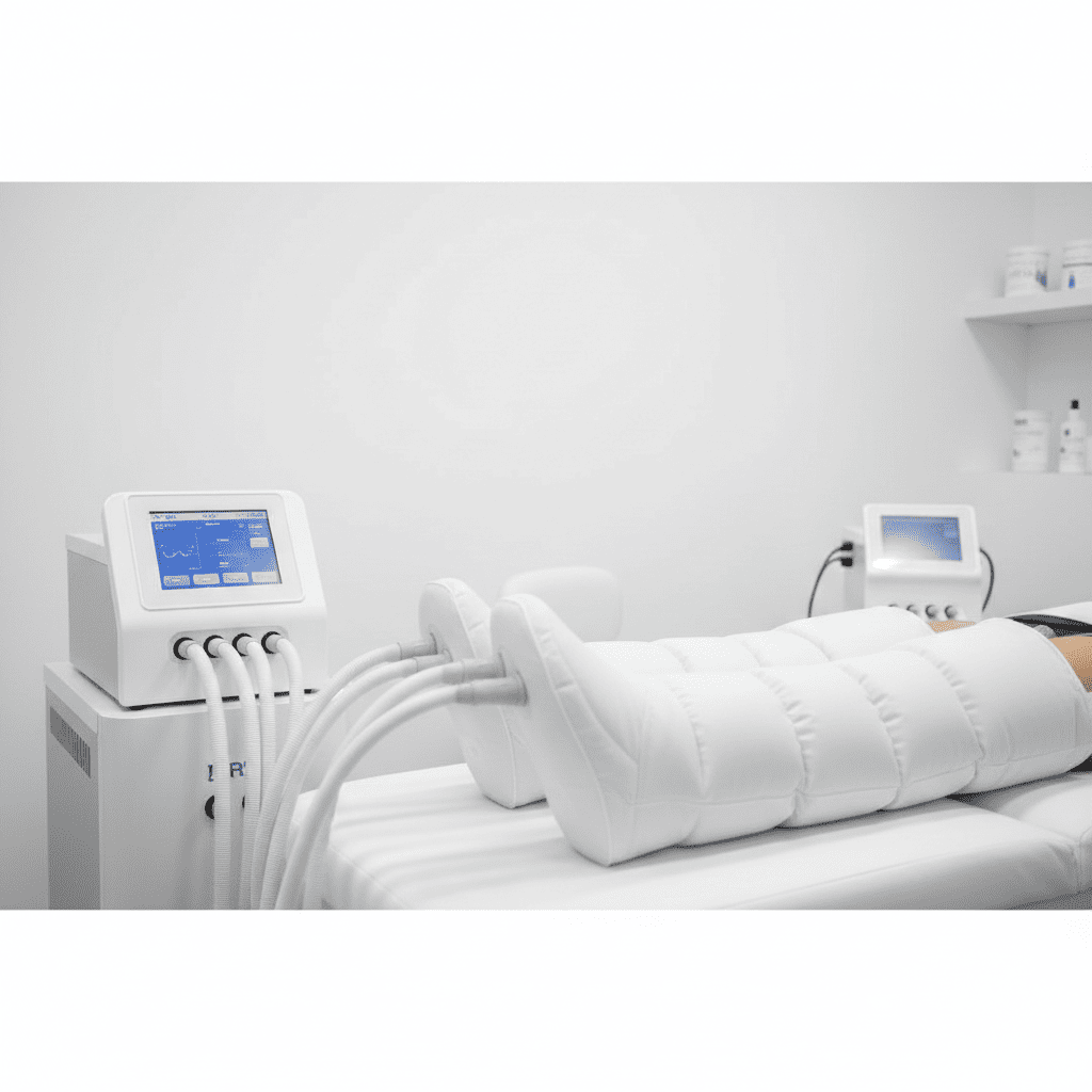 Sesión presoterapia profesional en clínica moderna, paciente acostado camilla tratamiento con botas compresión neumática blancas infladas cubriendo piernas completas, cámaras aire segmentadas visibles, máquina presoterapia izquierda con pantalla digital azul control panel botones, tubos blancos conectando equipo a botas, ambiente clínico limpio minimalista blanco, equipamiento médico adicional fondo derecho, representa tratamiento compresión neumática secuencial real grado médico