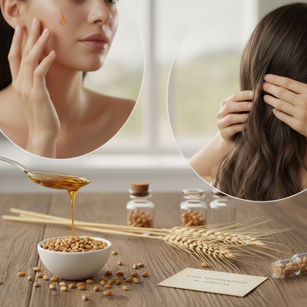 Aceite de germen de trigo dorado goteando sobre granos y espigas naturales, mostrando beneficios cosméticos para piel facial hidratada y cabello brillante, estética spa profesional