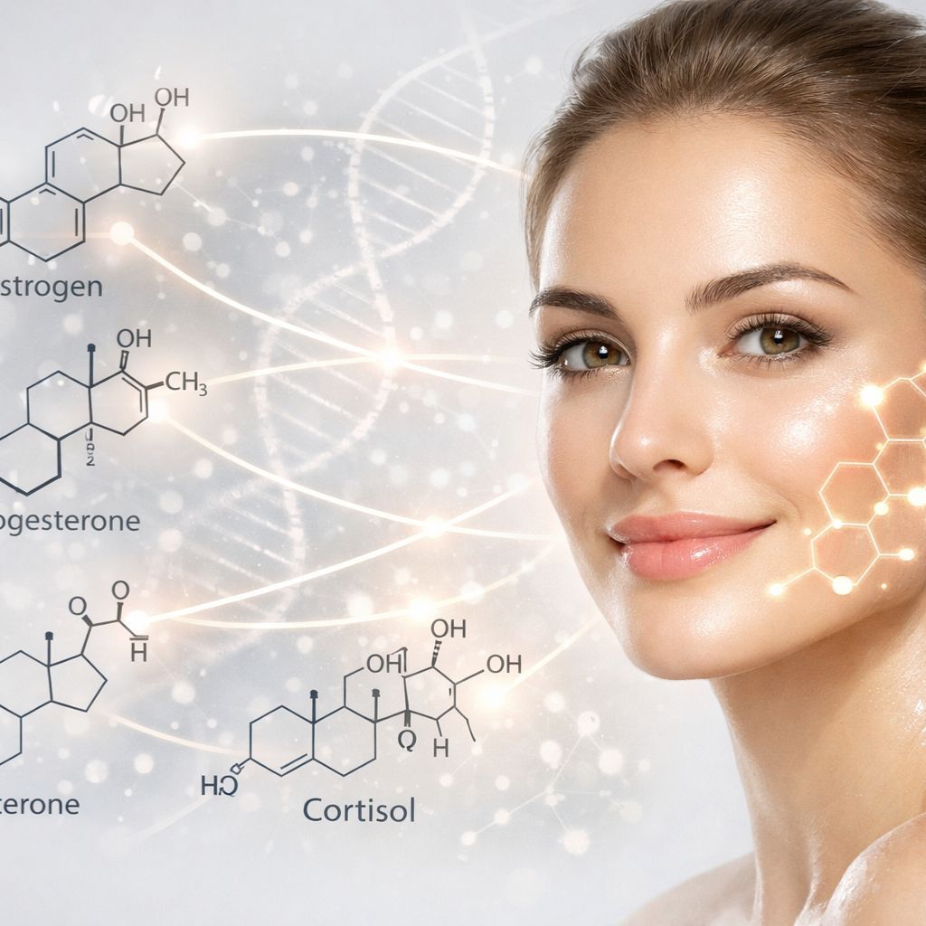 Bienestar hormonal y salud de la piel: moléculas de estrógenos, progesterona, testosterona y cortisol conectadas mediante partículas luminosas con rostro femenino de piel radiante y saludable, representando la influencia hormonal en la apariencia cutánea, estilo científico elegante profesional