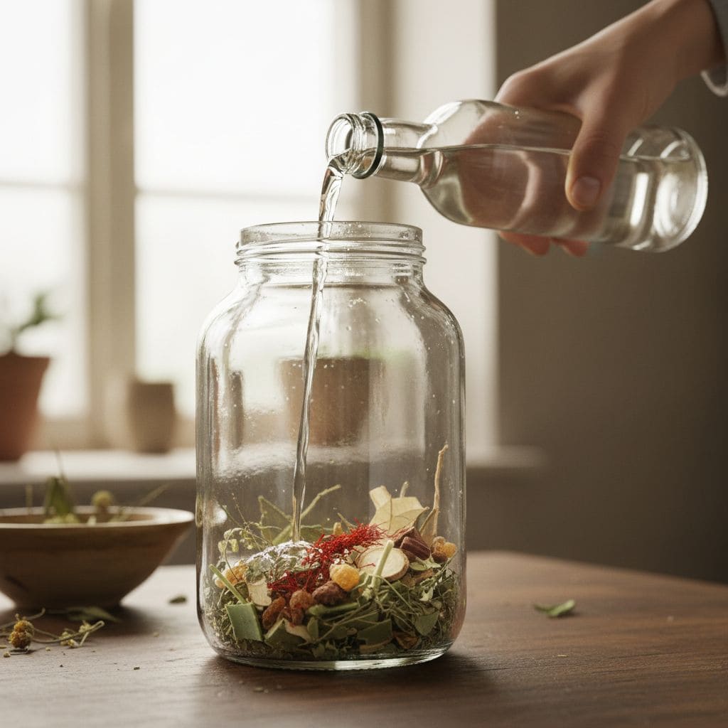 Preparación casera amargo sueco hierbas suecas, mano vertiendo alcohol transparente desde botella vidrio pequeña hacia frasco mason grande vidrio transparente, mezcla 11 hierbas medicinales secas visible fondo frasco: ramitas verdes grisáceas ajenjo, hebras azafrán naranjas rojas, hojas secas, raíces marrones, trozos resinas doradas, alcohol cayendo sobre hierbas iniciando proceso maceración, mesa madera natural, luz natural ventana fondo difuminado, ambiente cocina rústica casera, representa preparación remedio herbal tradicional DIY, fotografía educativa proceso natural