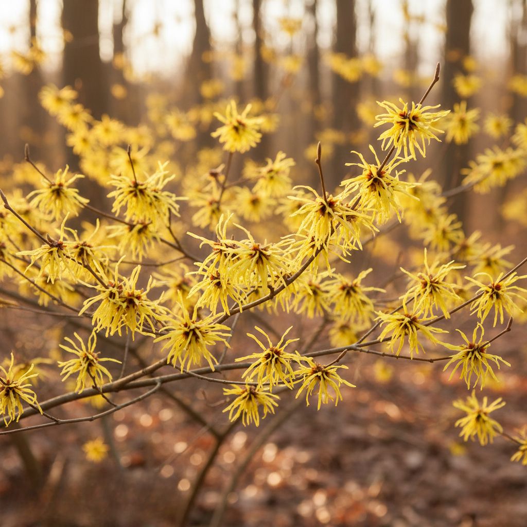 Hamamelis virginiana floración otoñal bosque natural, múltiples flores amarillas brillantes distintivas con pétalos delgados forma cinta o hilo apariencia araña dorada, ramas desnudas marrones oscuras sin hojas característica única floración invernal, bosque difuminado fondo luz cálida dorada, fotografía botánica profesional, representa avellano bruja witch hazel planta medicinal astringente antiinflamatoria, etiqueta texto "Hamamelis virginiana" esquina inferior