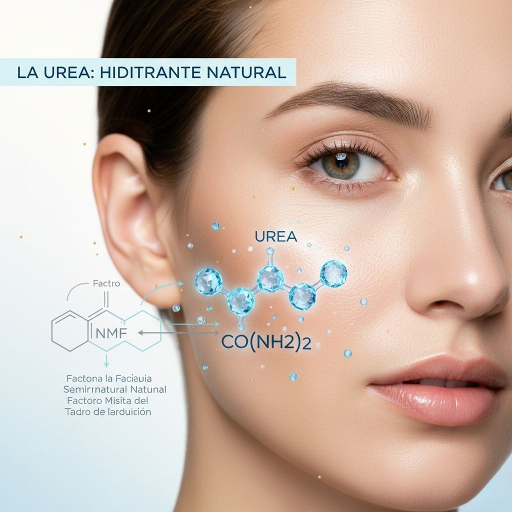 Piel facial hidratada luminosa con molécula urea cosmética CO(NH2)2 azul cristalina flotando sobre mejilla, gotas partículas hidratación, diagrama NMF factor hidratación natural, LA UREA HIDITANTE NATURAL, fotografía belleza científica profesional
