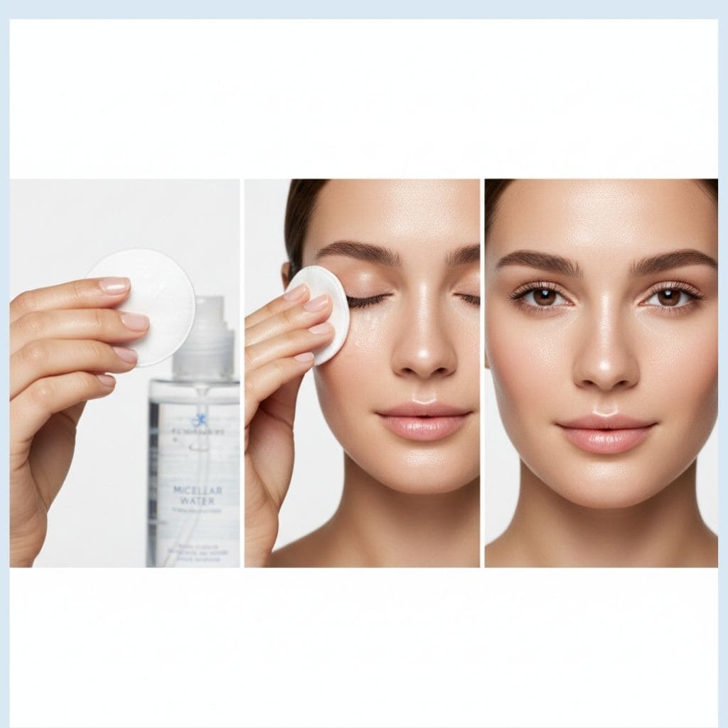 Mujer aplicando agua micelar con disco de algodón en rostro, mostrando tres pasos del proceso: sostener producto y algodón, limpieza facial suave, y resultado final de piel limpia, fresca y radiante sin impurezas