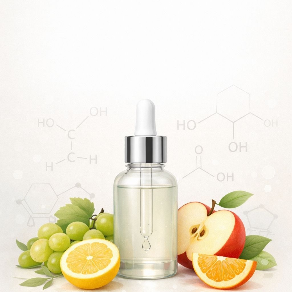 Frasco gotero de sérum con uvas, cítricos y manzana sobre fondo claro con fórmulas químicas en transparencia.