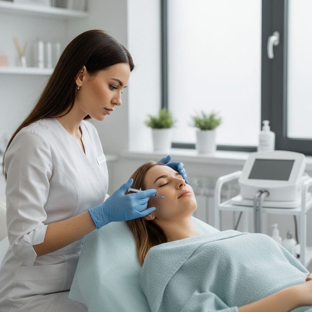 Doctora profesional aplicando tratamiento de relleno facial con ácido hialurónico a paciente en clínica moderna de medicina estética