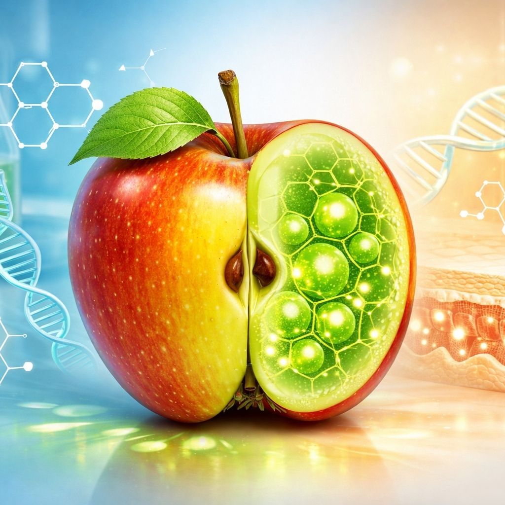 Ilustración científica de una manzana Uttwiler Spätlauber con células madre vegetales brillando y moléculas/doble hélice sobre fondo de laboratorio y piel.