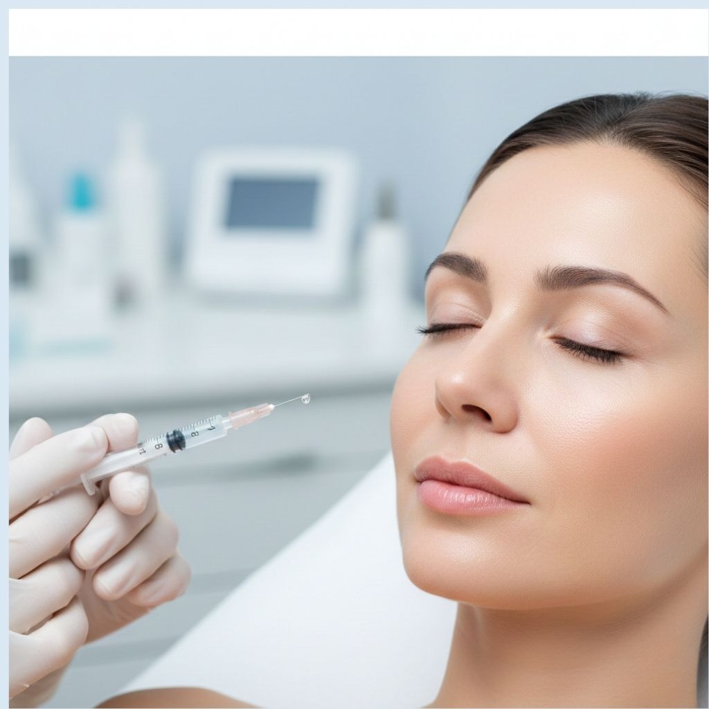 Mujer recibiendo tratamiento de toxina botulínica botox en rostro por profesional con guantes en clínica estética moderna para eliminar arrugas faciales