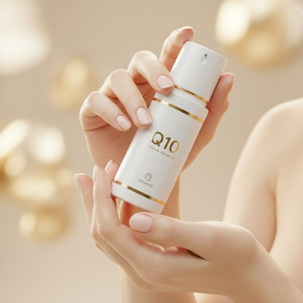 Manos femeninas sosteniendo frasco de suero de Coenzima Q10 con detalles dorados para tratamiento antiedad facial
