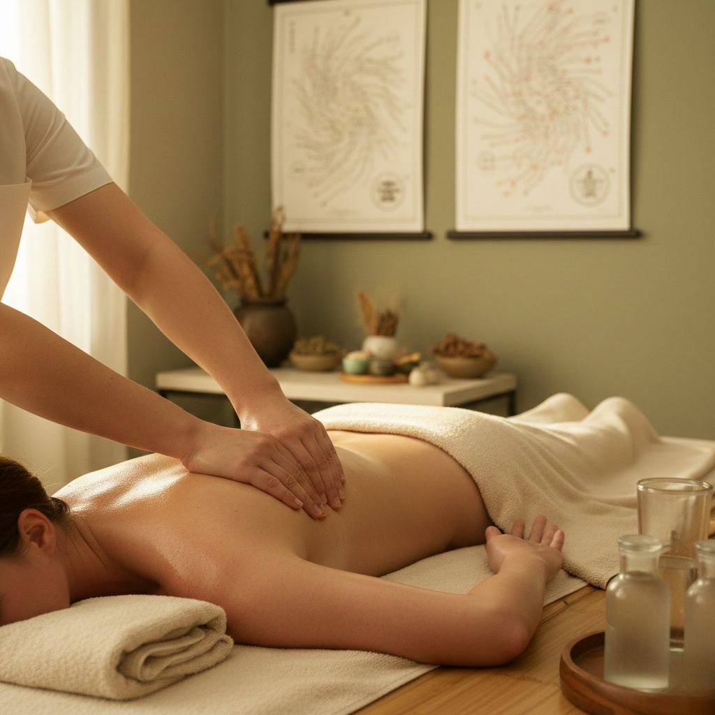 Terapeuta profesional aplicando técnica de masaje Tuina tradicional chino en la espalda de una cliente en ambiente de spa con gráficos de meridianos en la pared