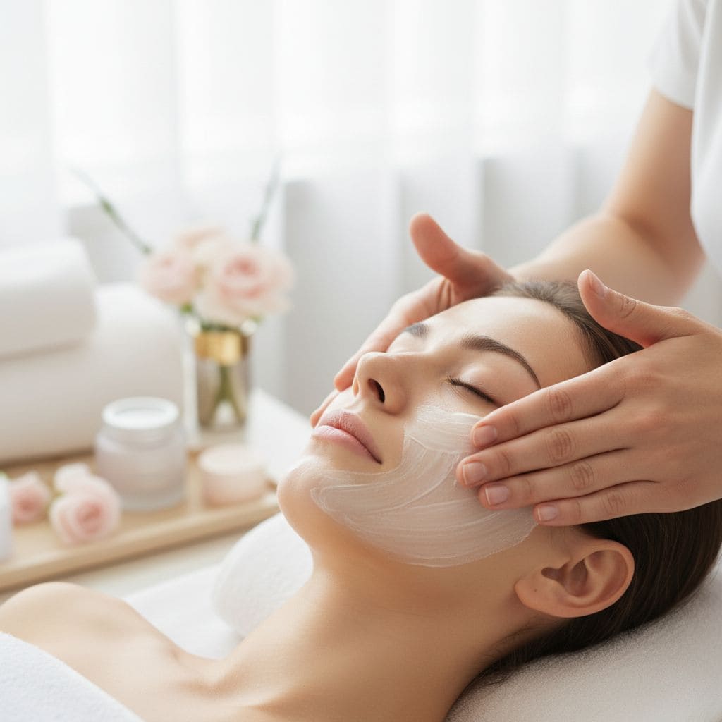 Esteticista profesional realizando masaje facial con crema en spa, manos aplicando técnica de masaje ascendente en rostro de mujer, tratamiento de cosmética facial profesional