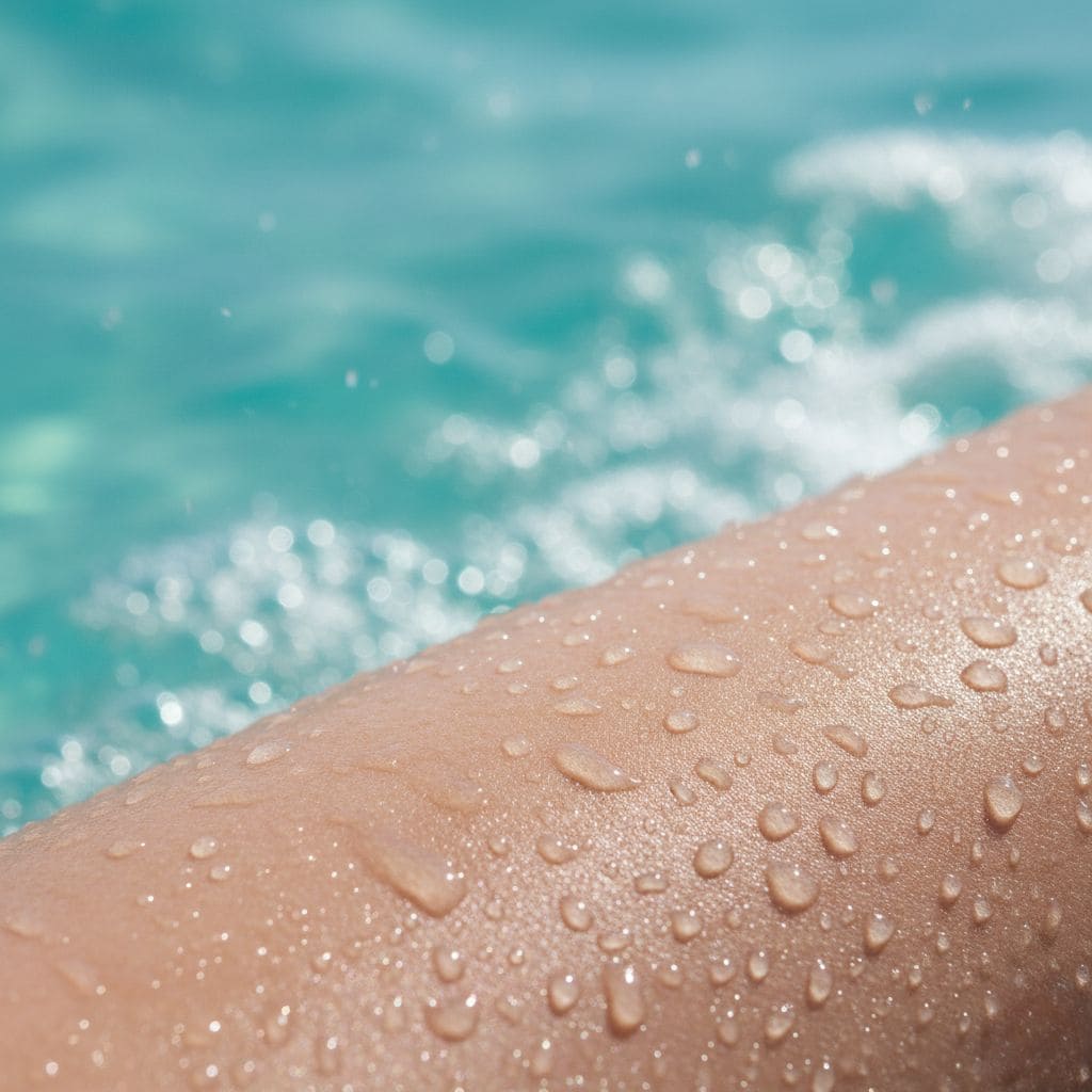 Piel saludable y luminosa con gotas de agua de mar, mostrando hidratación y frescura sobre fondo de océano turquesa, beneficios minerales del agua marina para el cuidado de la piel