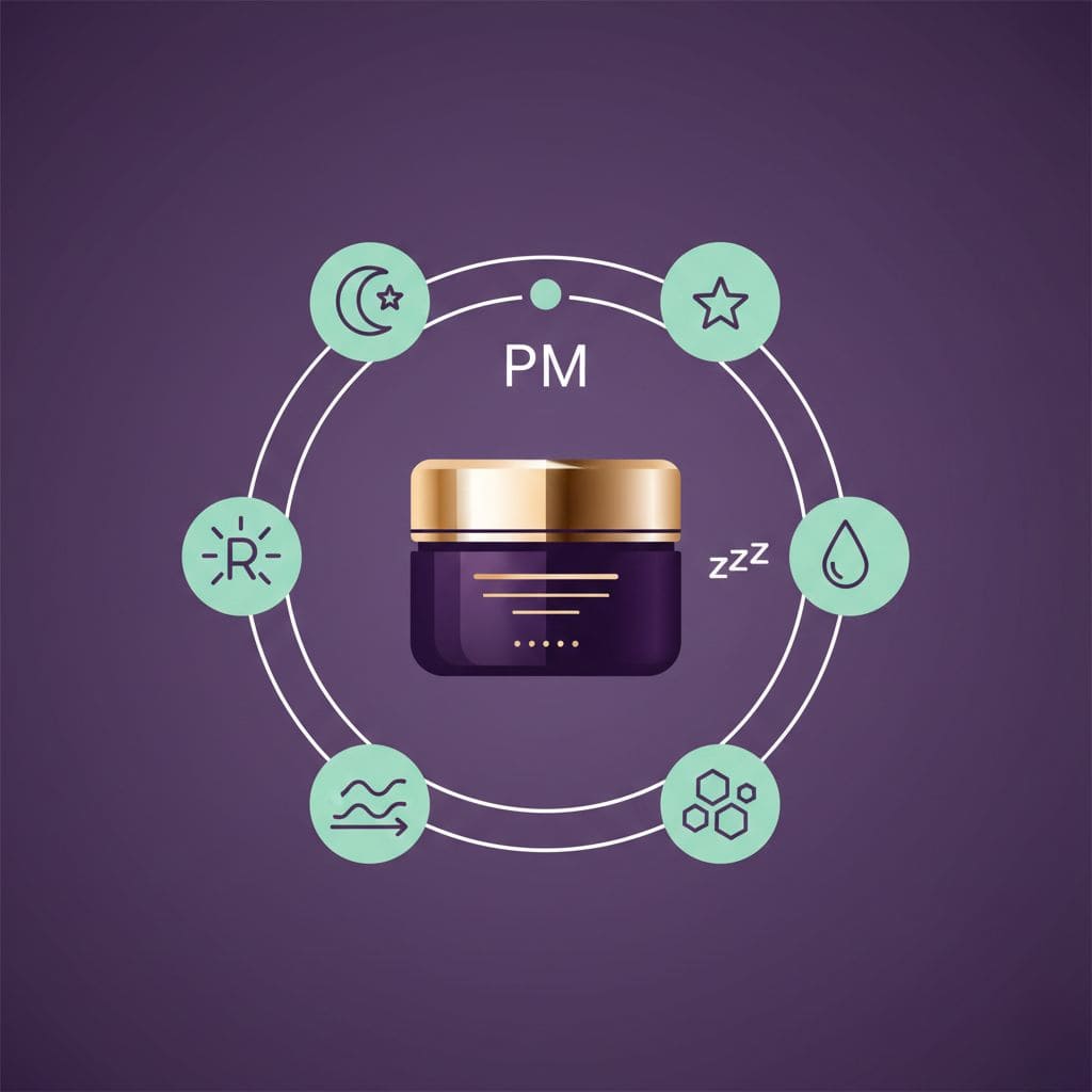 Crema de noche con iconos de beneficios: luna, estrellas, hidratación, regeneración celular y vitaminas sobre fondo morado