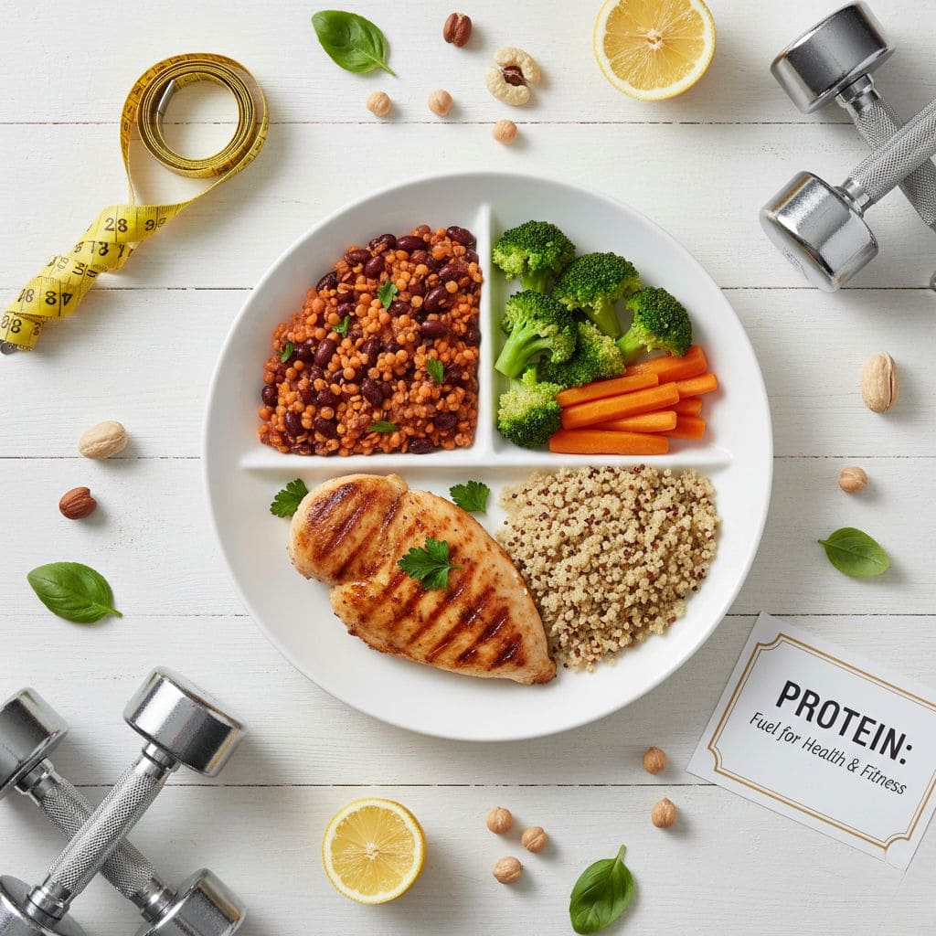 Plato saludable dividido en secciones con pechuga de pollo a la plancha, quinoa, lentejas con alubias y vegetales frescos, rodeado de pesas, cinta métrica y frutos secos sobre fondo de madera blanca