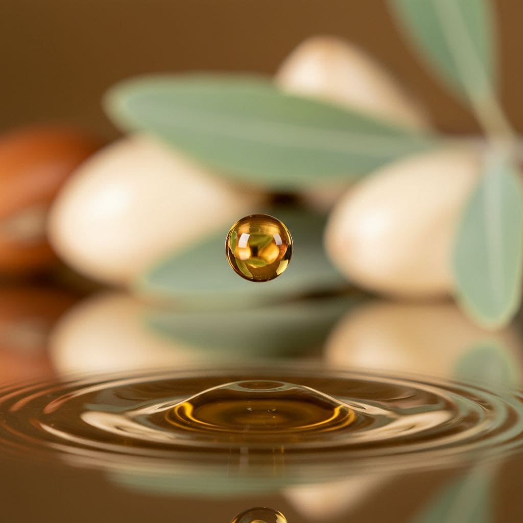 Botella elegante de aceite de argán dorado rodeada de nueces de argán y hojas verdes sobre mármol blanco, mostrando el oro líquido de Marruecos para cuidado de piel y cabello