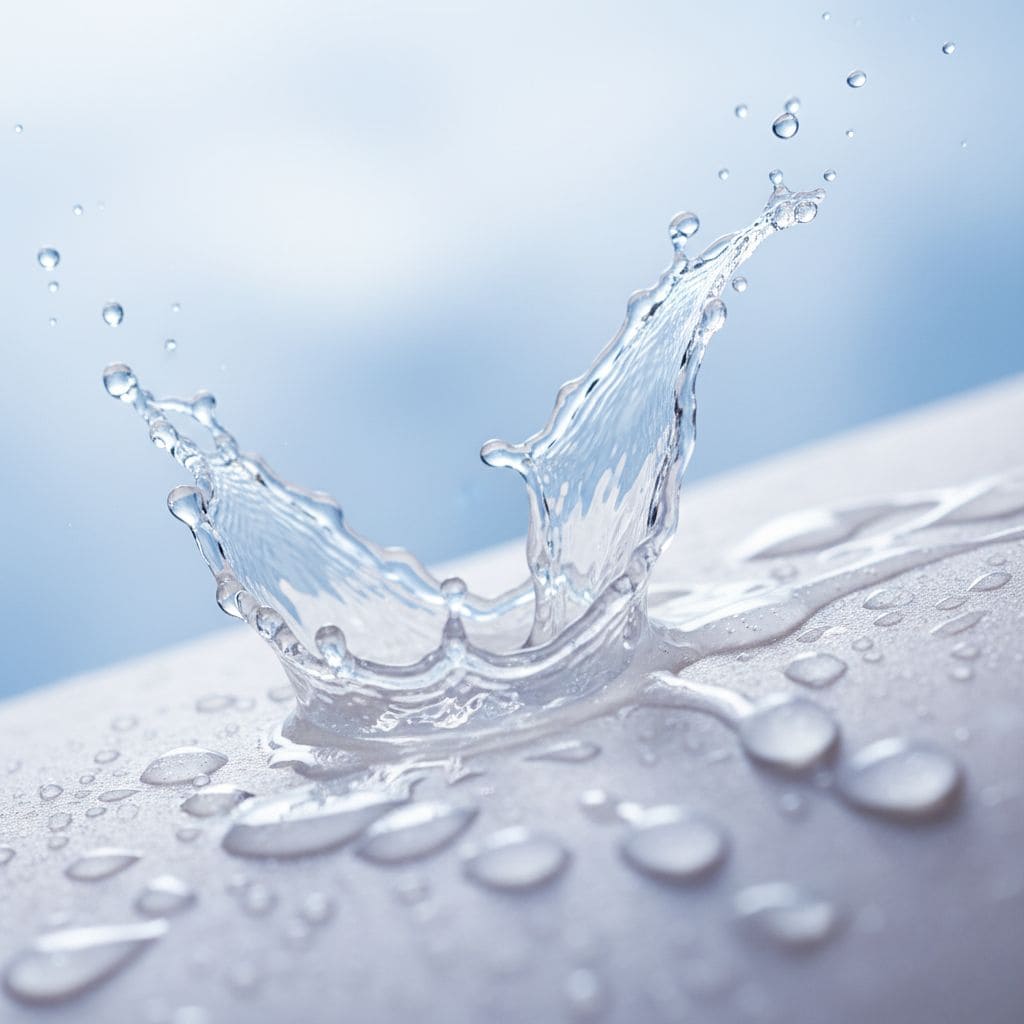 Salpicadura de agua cristalina con gotas representando las propiedades humectantes e hidratantes de la glicerina en cosmética sobre superficie luminosa