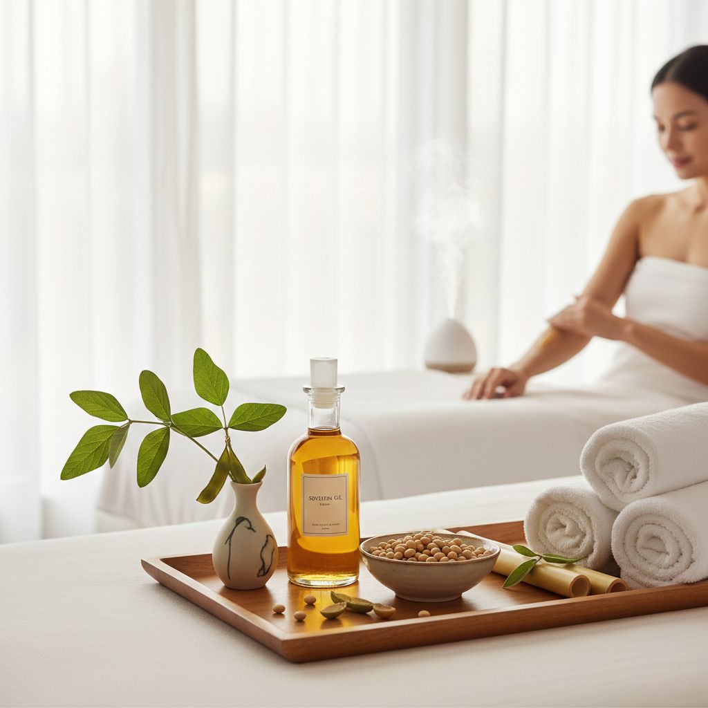 Aceite de soja dorado en frasco elegante de vidrio rodeado de granos de soja frescos enteros y hojas verdes sobre mármol blanco, mostrando ingrediente cosmético natural rico en omega 3, omega 6 y vitamina E para hidratación y cuidado profesional de la piel