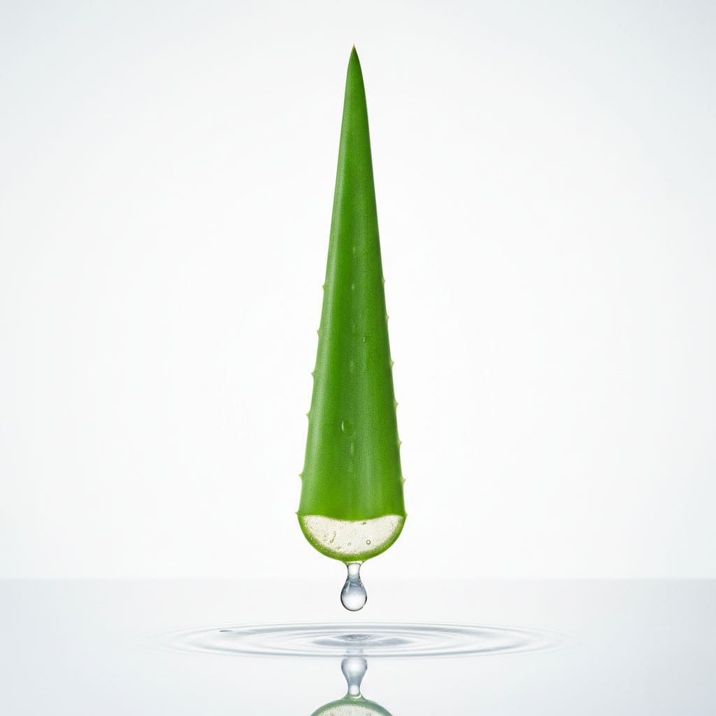 Planta de aloe vera fresca con hojas cortadas mostrando gel translúcido natural junto a frasco cosmético sobre mármol blanco, representando propiedades hidratantes y cicatrizantes para cuidado de piel
