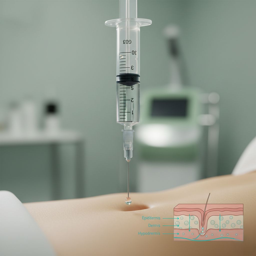Jeringa médica aplicando microinyección de mesoterapia corporal en piel con diagrama educativo mostrando penetración en capas epidermis, dermis e hipodermis para eliminar grasa localizada