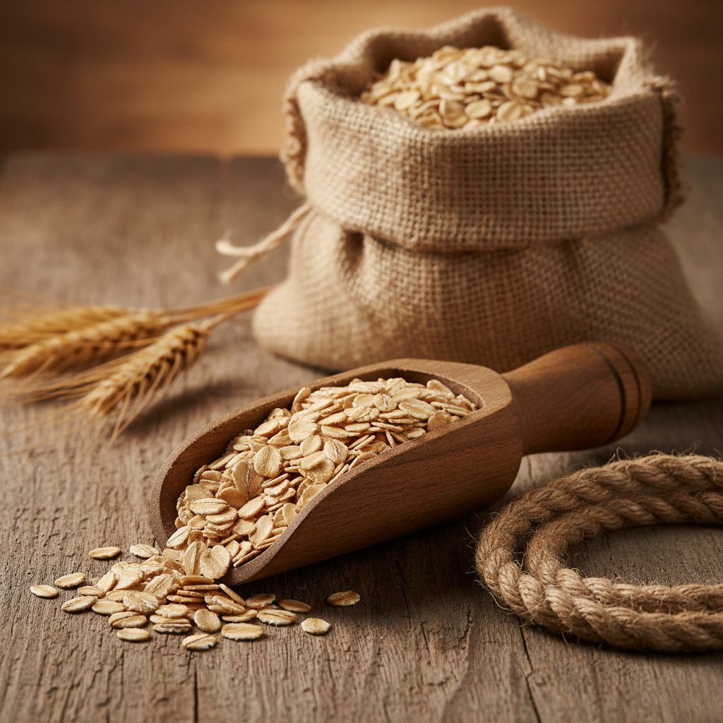 Copos de avena integral en pala de madera y saco de arpillera con espigas sobre mesa rústica, mostrando el cereal natural sin procesar rico en betaglucanos y fibra soluble
