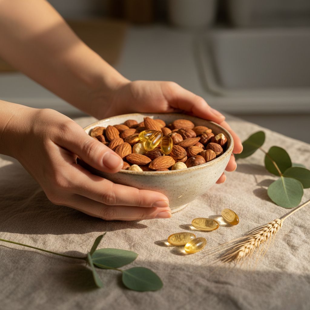 Manos sosteniendo bowl con almendras ricas en vitamina E y cápsulas doradas de suplemento sobre tela de lino natural con hojas de eucalipto y espiga de trigo