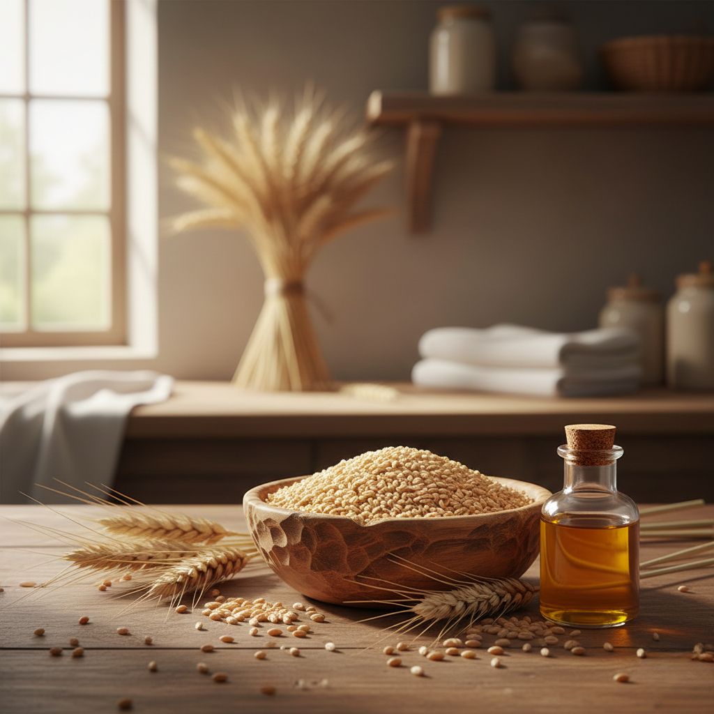Cuenco de madera con copos dorados de germen de trigo rodeado de granos de trigo enteros esparcidos, espigas frescas de trigo y pequeña botella de vidrio con aceite de germen de trigo ámbar sobre mesa de madera rústica con luz natural cálida de ventana, mostrando superalimento rico en vitamina E, proteínas vegetales, omega-3 omega-6 para salud cardiovascular, energía, belleza piel cabello y nutrición completa