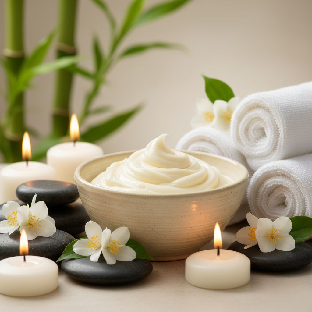 Manteca de karité cremosa en cuenco de madera rodeada de piedras de spa, velas, flores blancas y toallas enrolladas sobre fondo neutro