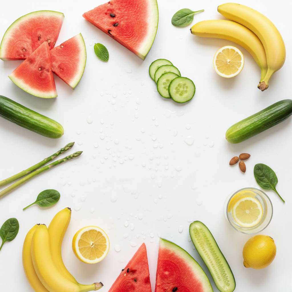 Alimentos diuréticos naturales para combatir la retención de líquidos: sandía, pepino, plátanos, limones, espárragos, almendras y agua con limón sobre fondo blanco