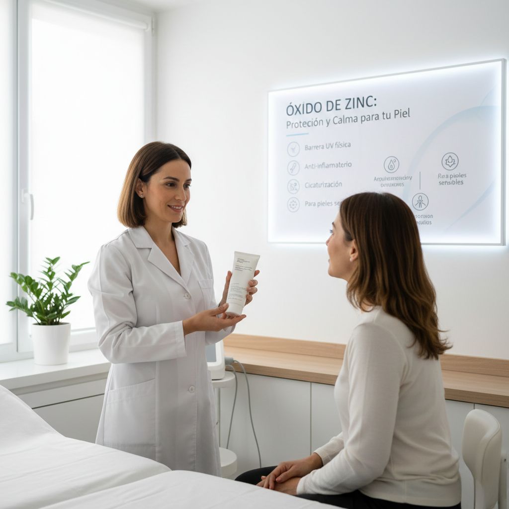 Dermatóloga en bata blanca mostrando producto con óxido de zinc a paciente en consulta médica moderna, con pantalla informativa sobre beneficios del óxido de zinc para protección y tratamiento de la piel