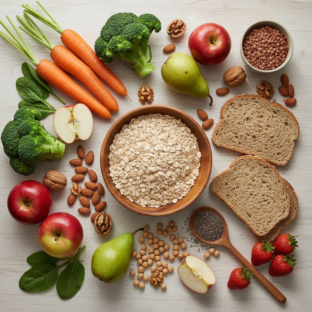 Variedad de alimentos ricos en fibra alimentaria sobre mesa de madera: zanahorias, brócoli, espinacas, manzanas, peras, fresas, avena integral, pan integral, lentejas, garbanzos, almendras, nueces y semillas de chía