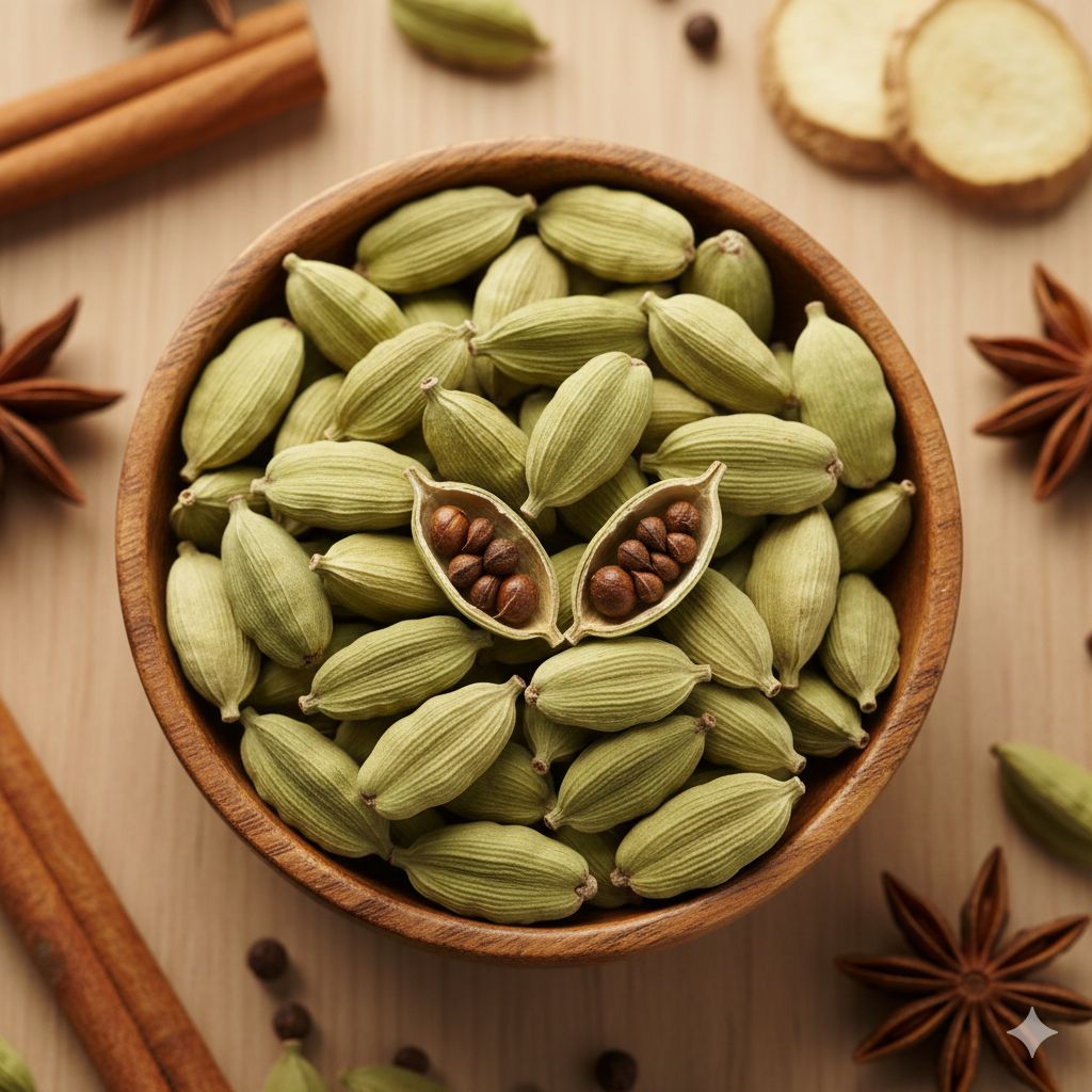 Vainas de cardamomo verde en cuenco de madera con dos vainas abiertas mostrando semillas marrones, rodeado de especias aromáticas como canela y anís estrellado sobre superficie beige