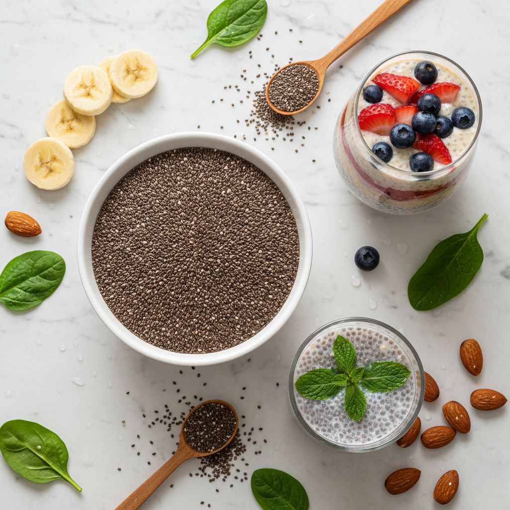 Semillas de chía negras en bowl blanco con agua de chía, limón y hojas de menta sobre fondo blanco - superalimento rico en omega 3 y antioxidantes