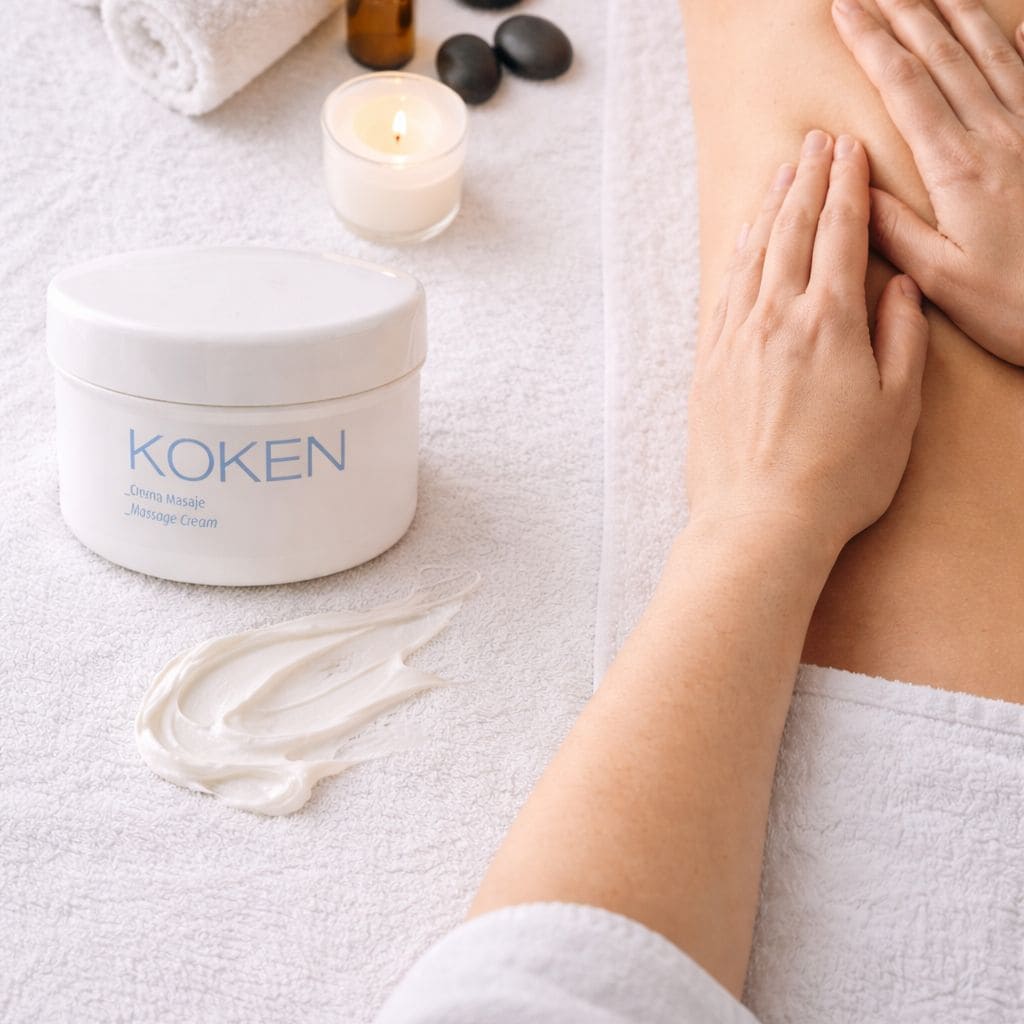 Crema de masaje profesional neutra en envase con bomba dosificadora sobre camilla blanca, manos de masajista realizando técnica terapéutica en espalda de paciente, mostrando textura cremosa ideal para masaje descontracturante, fisioterapia y masaje relajante - productos profesionales para clínicas de masaje, fisioterapia, osteopatía y centros de estética