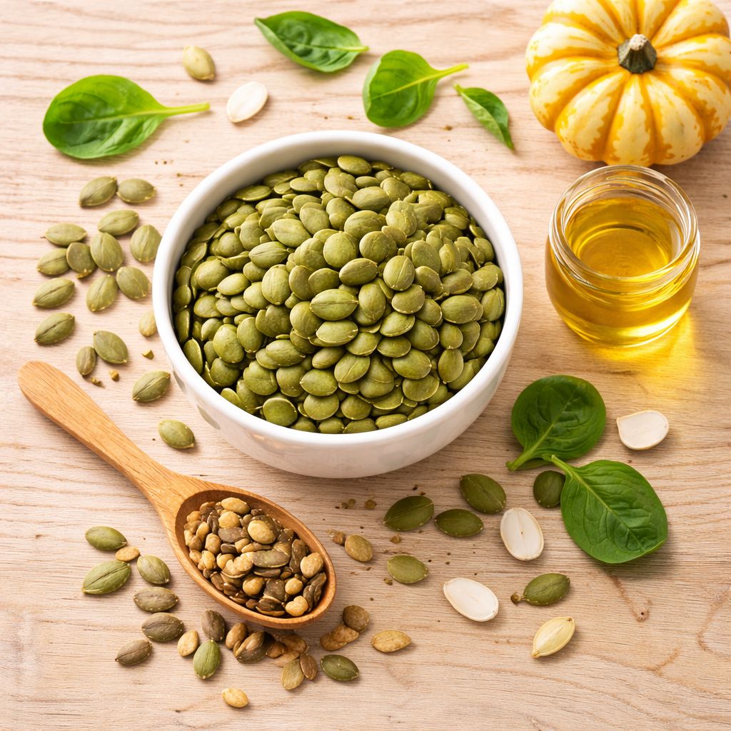 Bowl con semillas de calabaza verdes (pepitas) sobre mesa de madera con calabaza fresca, aceite de semillas y semillas tostadas - beneficios para la salud prostática, cardiovascular y sistema inmune