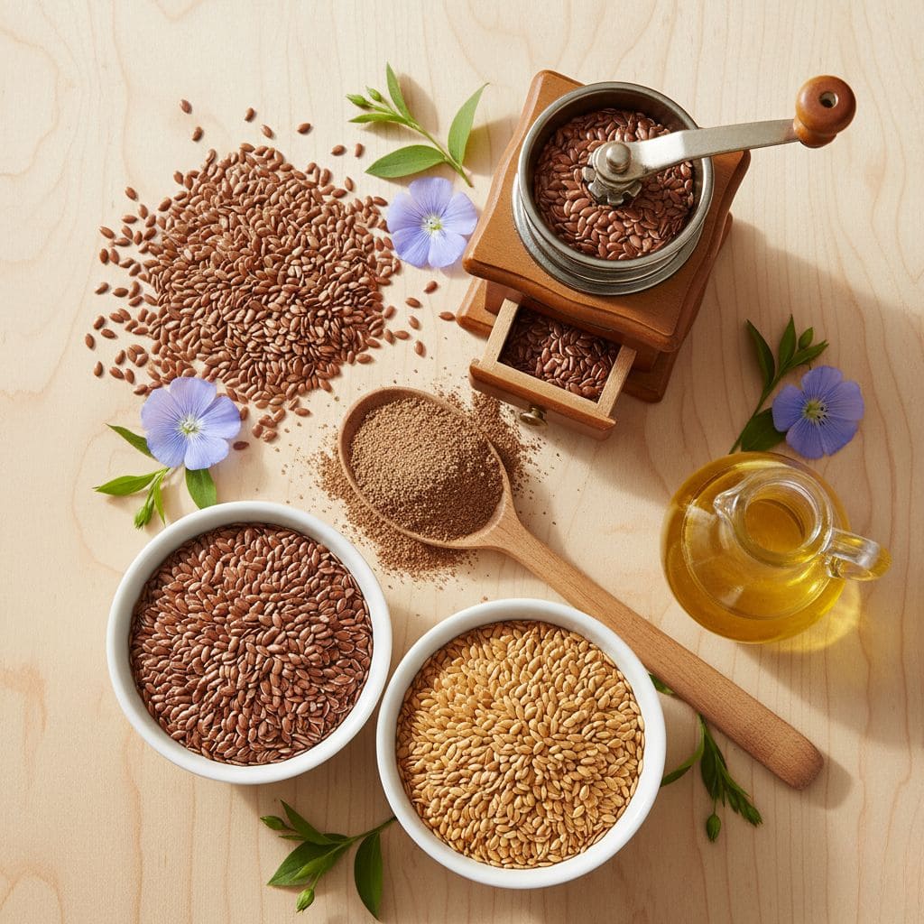 Bowl blanco con semillas de lino marrones y doradas (linaza) sobre mesa de madera, junto a semillas molidas en polvo, aceite de lino dorado en frasco de vidrio y flores azules de lino - fuente vegetal más rica en omega-3 ALA (22.8g/100g), fibra excepcional (27g/100g) y lignanos anticancerígenos para salud cardiovascular, digestiva y hormonal
