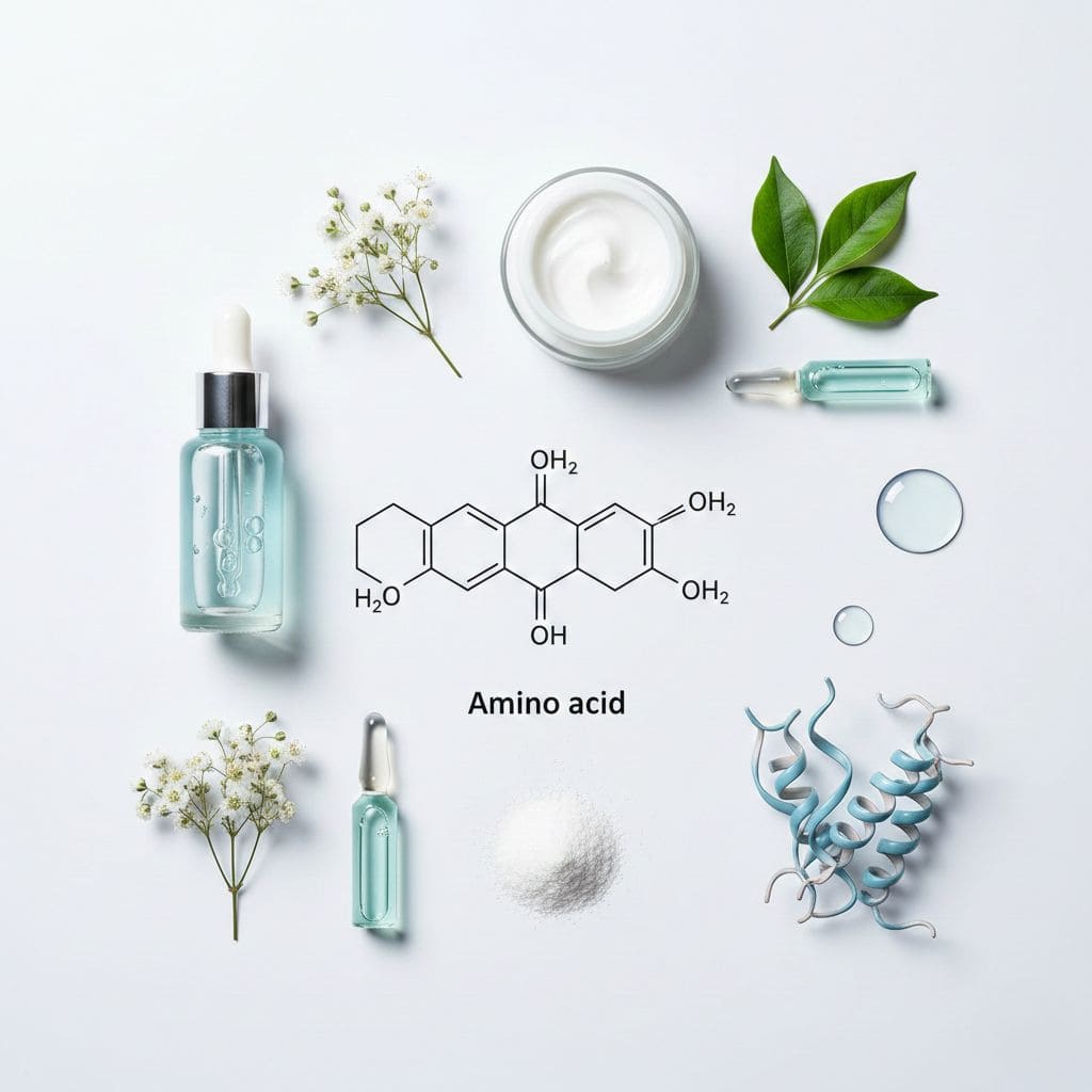 Estructura molecular aminoácidos en cosmética profesional - componentes básicos proteínas, colágeno, elastina, queratina. Sérums, cremas y tratamientos faciales con aminoácidos para hidratación profunda, producción colágeno, reparación barrera cutánea, efecto antiedad. Más 50% Factor Natural Hidratación (NMF) formado por aminoácidos libres esenciales piel