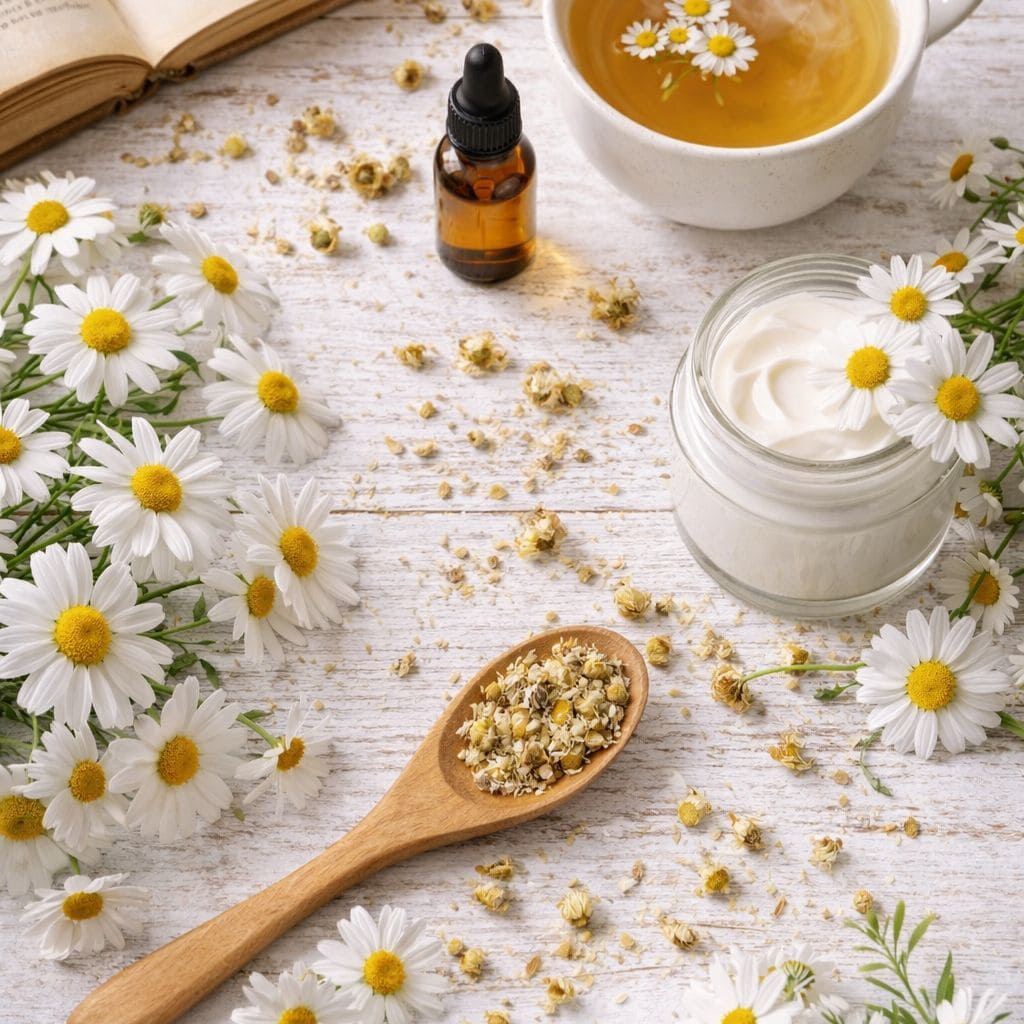 Flores frescas de camomila/manzanilla (Matricaria chamomilla) con pétalos blancos y centro amarillo, taza de infusión de manzanilla, aceite esencial y crema facial con extracto de camomila sobre mesa de madera - planta medicinal con propiedades calmantes, antiinflamatorias, digestivas, para piel sensible y cabello rubio, usos en cosmética profesional y aromaterapia