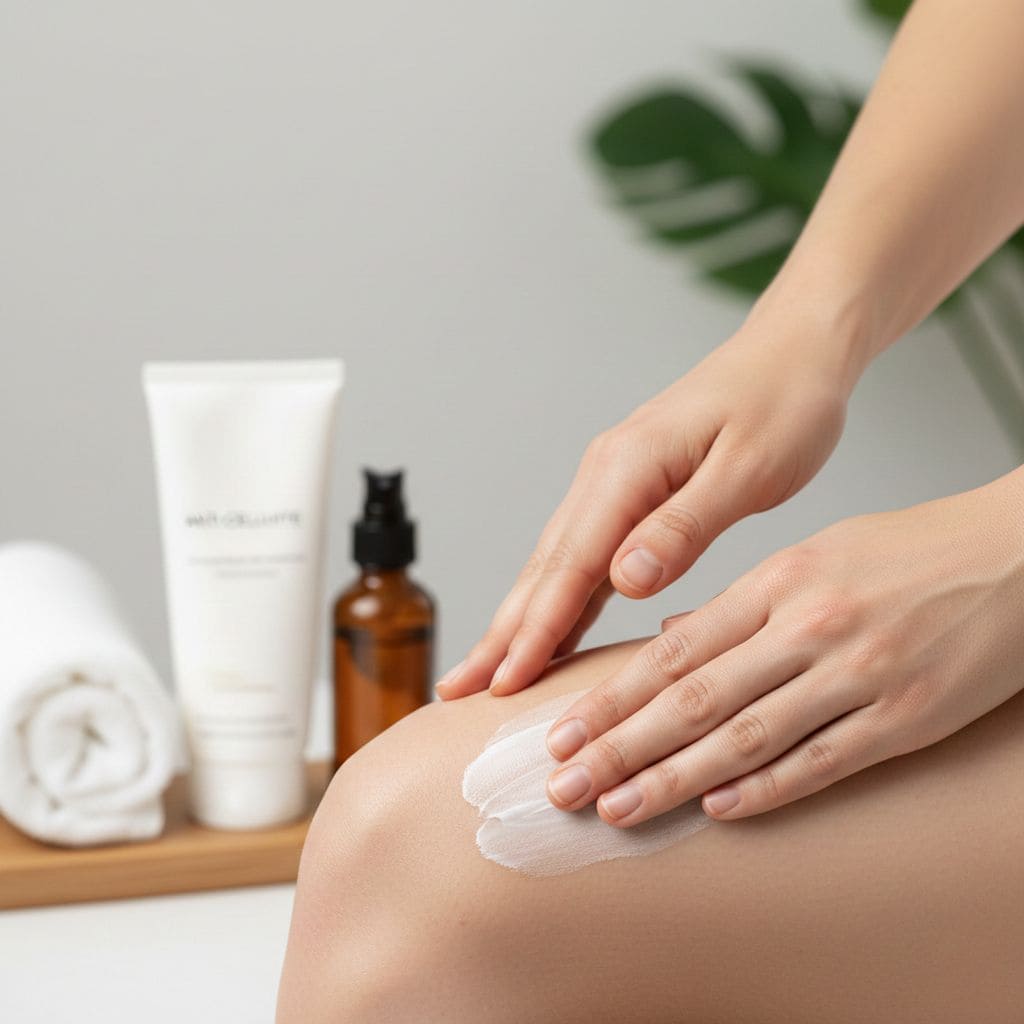 Manos aplicando crema anticelulítica blanca en muslo con técnica masaje correcta - tratamiento celulitis piel naranja, movimientos circulares firmes, productos cosméticos profesionales tubo blanco botella ámbar, ambiente spa, mejora aspecto celulitis 20-40% con constancia aplicación correcta 8-12 semanas, ingredientes efectivos cafeína centella asiática retinol