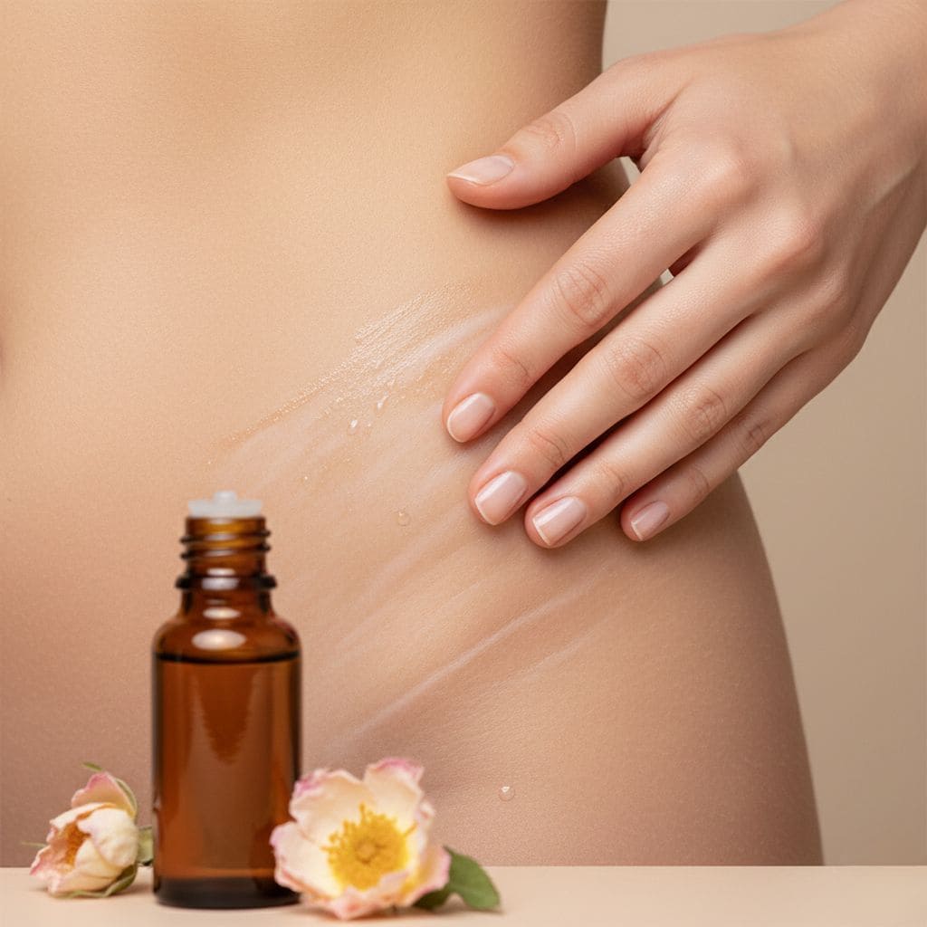 Abdomen femenino con estrías blancas (striae albae) aplicando aceite rosa mosqueta regenerador con masaje circular - tratamiento y prevención estrías embarazo, prevención estrias adolescencia, mejora cicatrices dérmicas, hidratación profunda piel, productos cosméticos profesionales