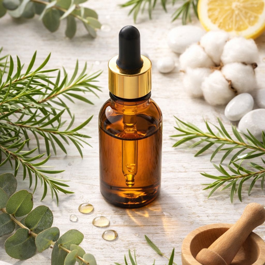 Botella aceite esencial árbol de té con hojas frescas Melaleuca alternifolia - propiedades antimicrobianas, antifúngicas, antivirales, antiparasitarias. Usos: tratamiento acné (tan efectivo como peróxido benzoilo 5%), hongos uñas pie atleta (60% curación 6 meses), piojos (100% mortalidad combinado lavanda), caspa dermatitis seborreica (41% mejora 4 semanas), herpes labial verrugas, picaduras insectos, heridas superficiales cicatrizantes, congestión nasal resfriados, desinfectante natural superficies. Componente activo terpinen-4-ol 30-48%. Aplicación siempre diluido aceite portador excepto tratamientos muy localizados. Origen Australia destilación vapor agua